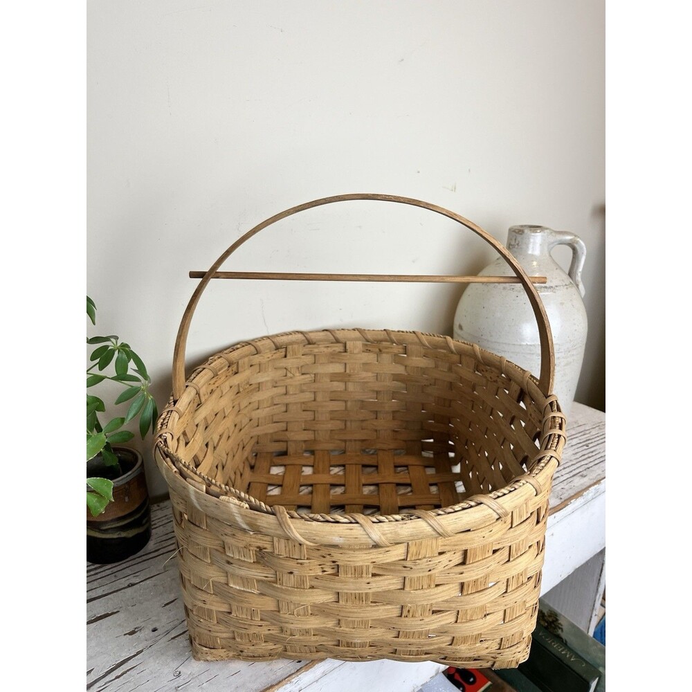 Antique Unique Primitive Woven Wicker Sewing Basket W/String Handle Rustic 16”